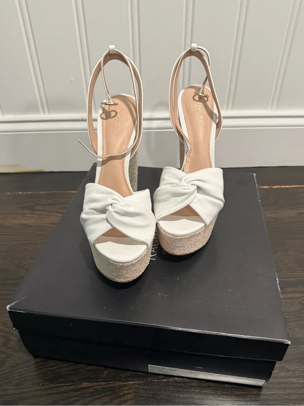 Rachel Zoe White Claudette Platform Sandals with Glitter Heel US 9
